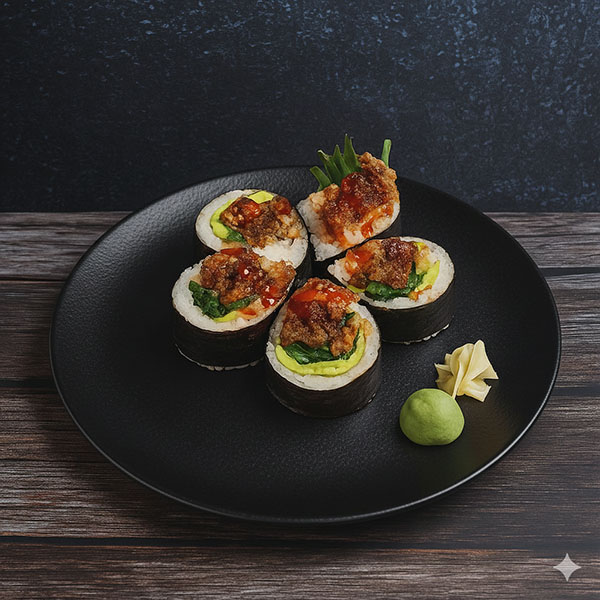 Crispy Salmon Skin roll on black plate (compressed)